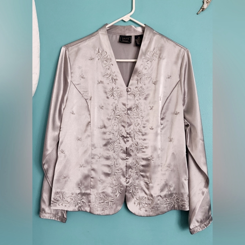 Laura Scott Vintage women's shiny silver grey dressy blouse